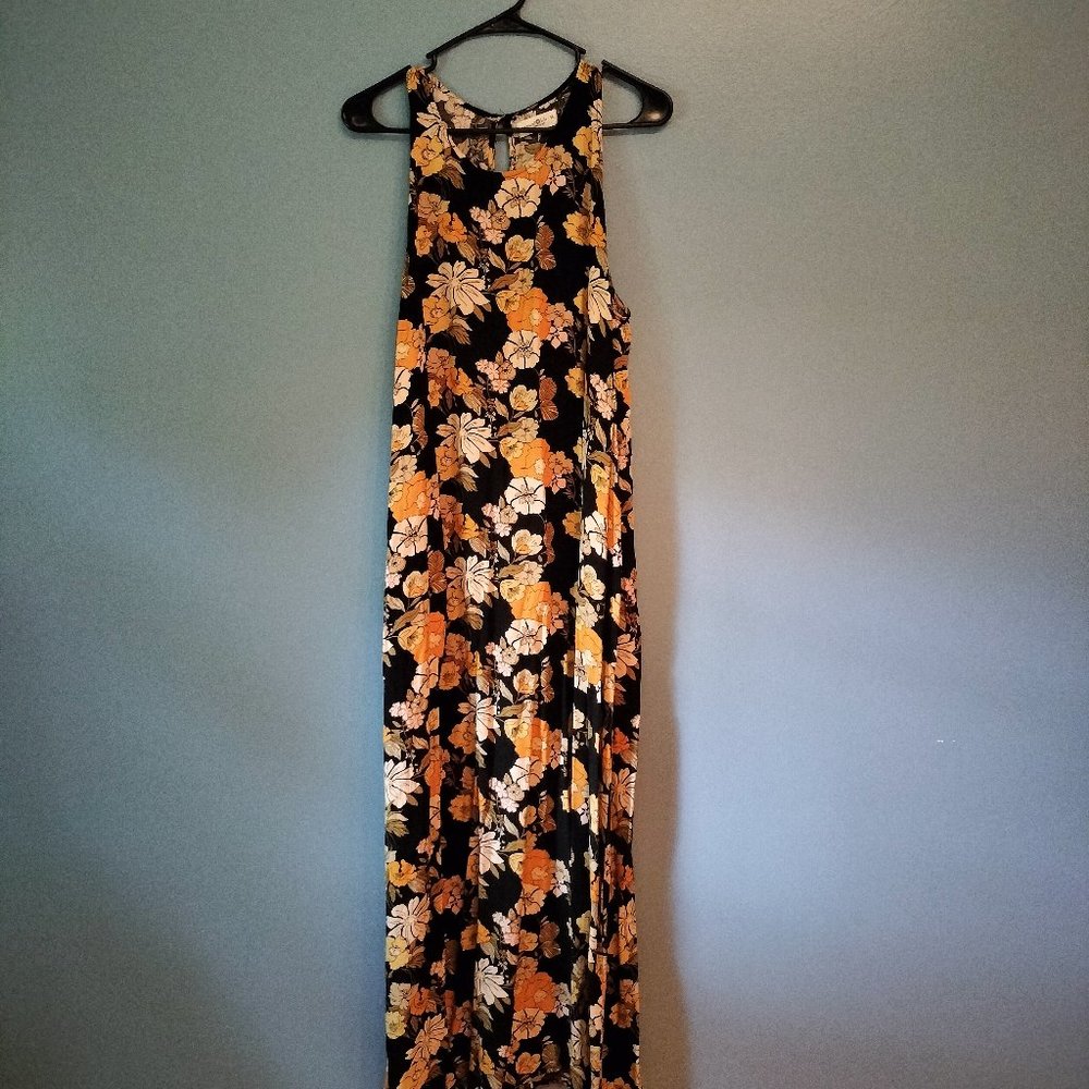 NATURAL LIFE Black Maxi Dress with Orange and Cream Floral Print